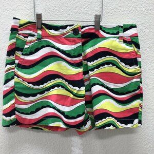 Crown And Ivy Womens Sz 4 Shorts Yellow Green Mulicolored Waves Scallop Bright